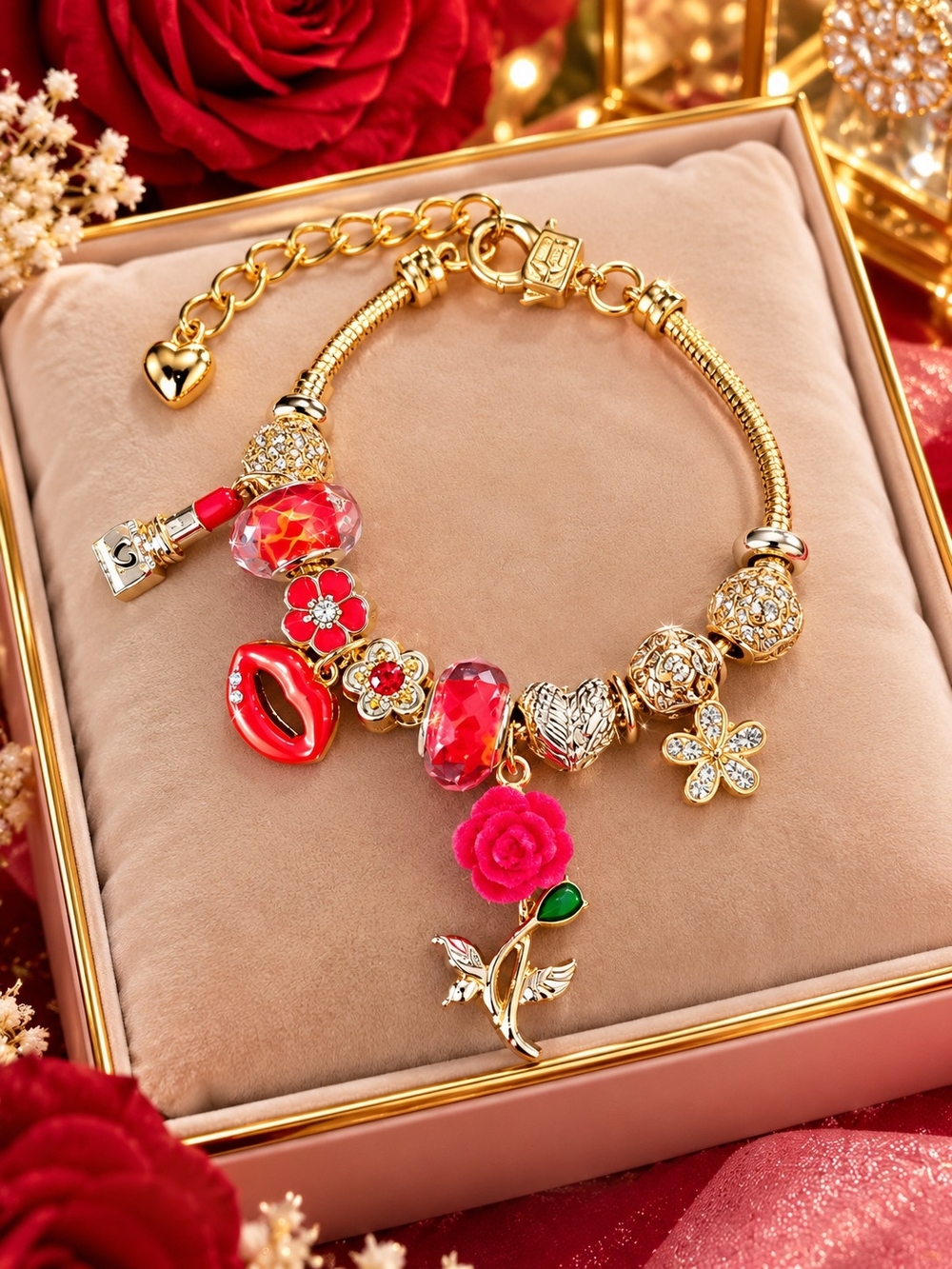 Gold Charm Bracelet with Red Flower Charms - Women Jewelry